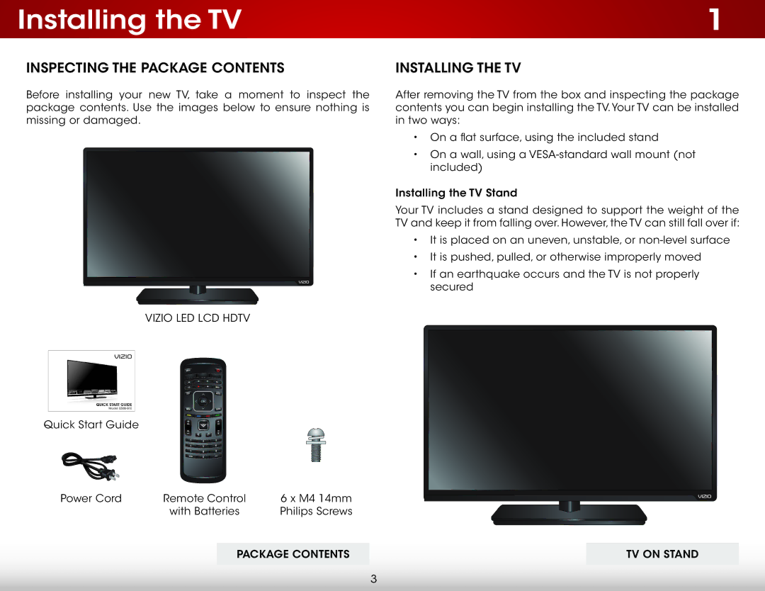 Vizio E500i-B1E user manual Installing the TV, Inspecting the Package Contents 