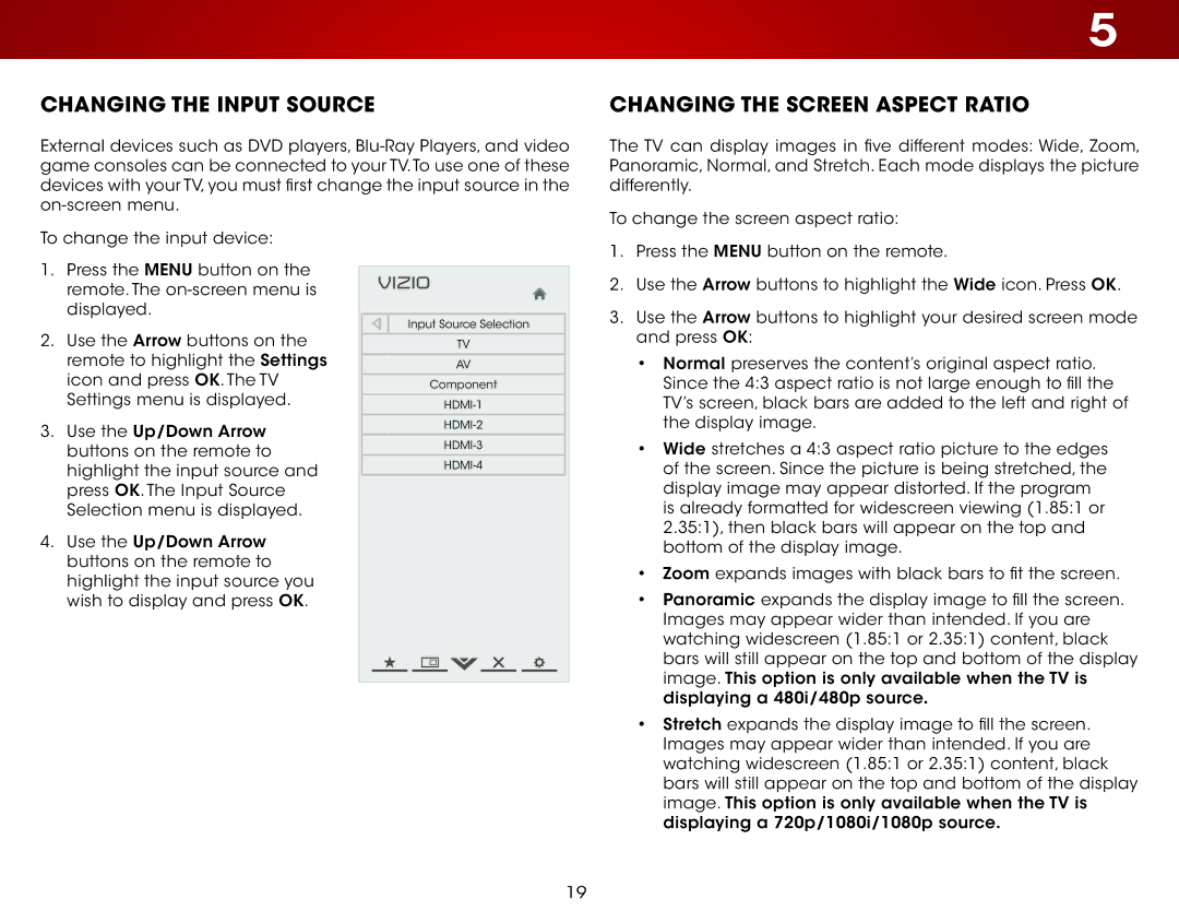 Vizio E500I-A1, E500IA1 user manual Changing the Input Source, Changing the Screen Aspect Ratio 