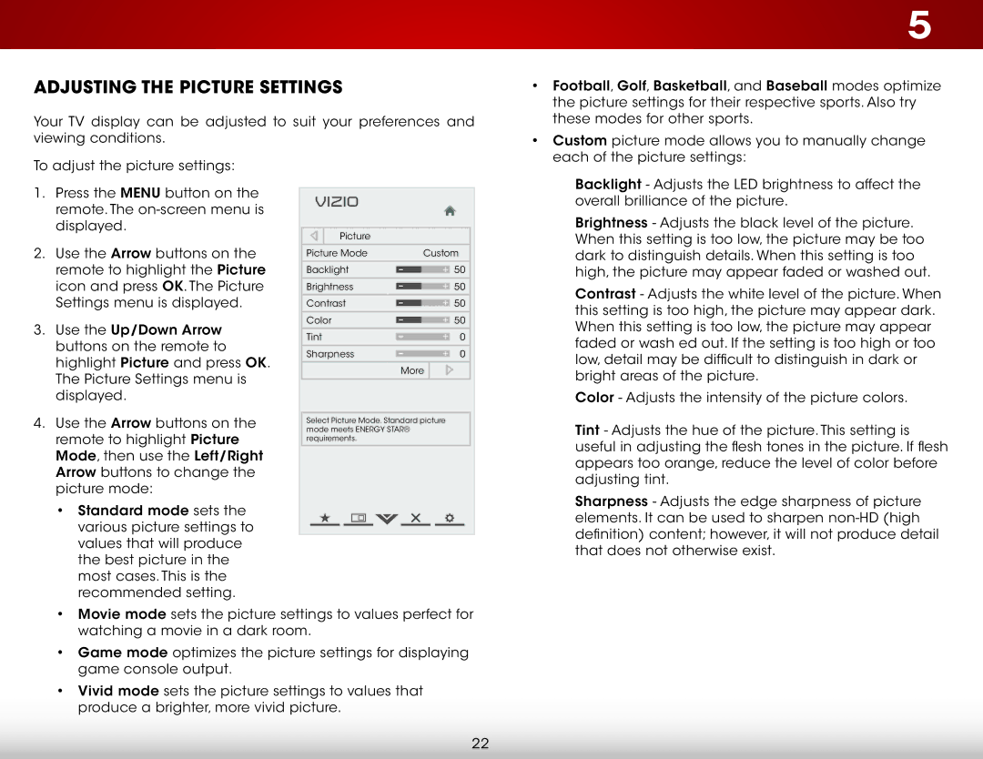 Vizio E500IA1, E500I-A1 user manual Adjusting the Picture Settings 