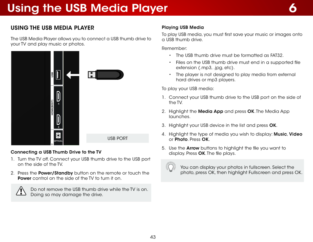 Vizio E500I-A1, E500IA1 user manual Using the USB Media Player, USB Port 