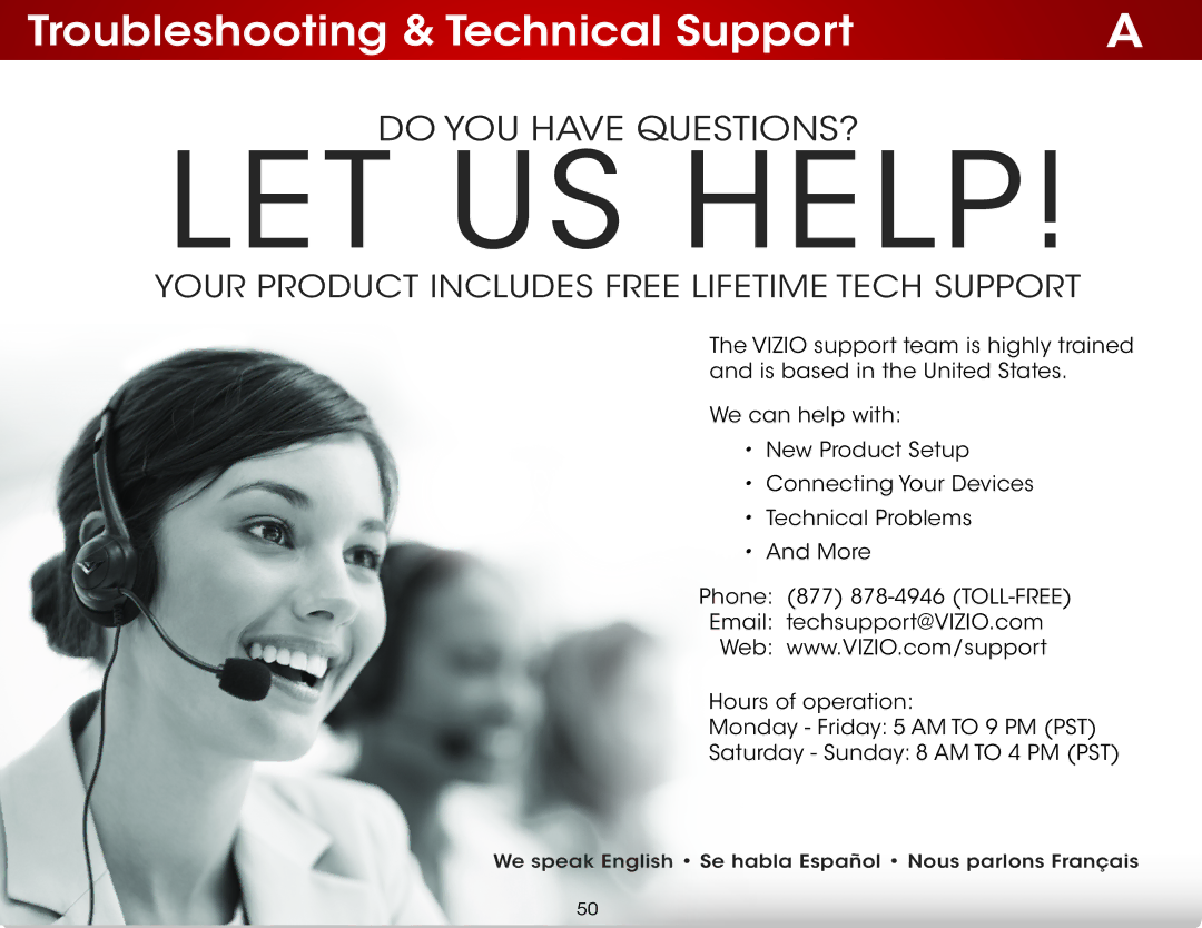 Vizio E500IA1, E500I-A1 user manual LET US Help, Troubleshooting & Technical Support 