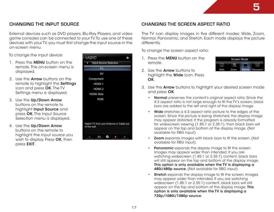 Vizio E502AR warranty Changing the Input Source, Changing the Screen Aspect Ratio 