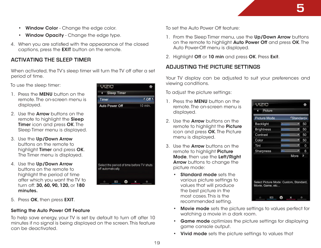 Vizio E502AR warranty Activating the Sleep Timer, Adjusting the Picture Settings 