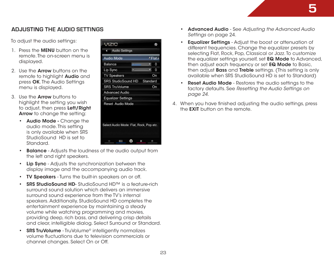 Vizio E502AR warranty Adjusting the Audio Settings, Advanced Audio See Adjusting the Advanced Audio Settings on 