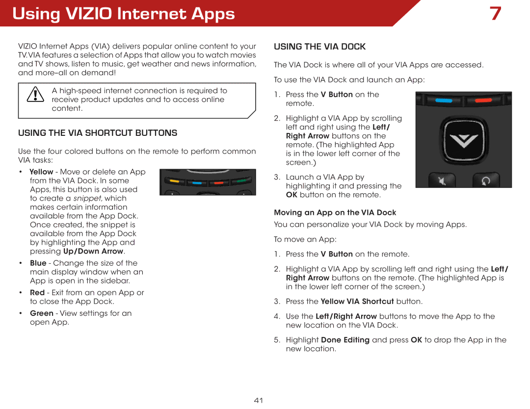 Vizio E502AR warranty Using Vizio Internet Apps, Using the VIA Shortcut Buttons, Using the VIA Dock 