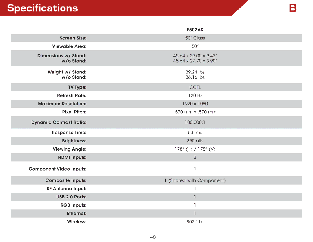 Vizio E502AR warranty Specifications 