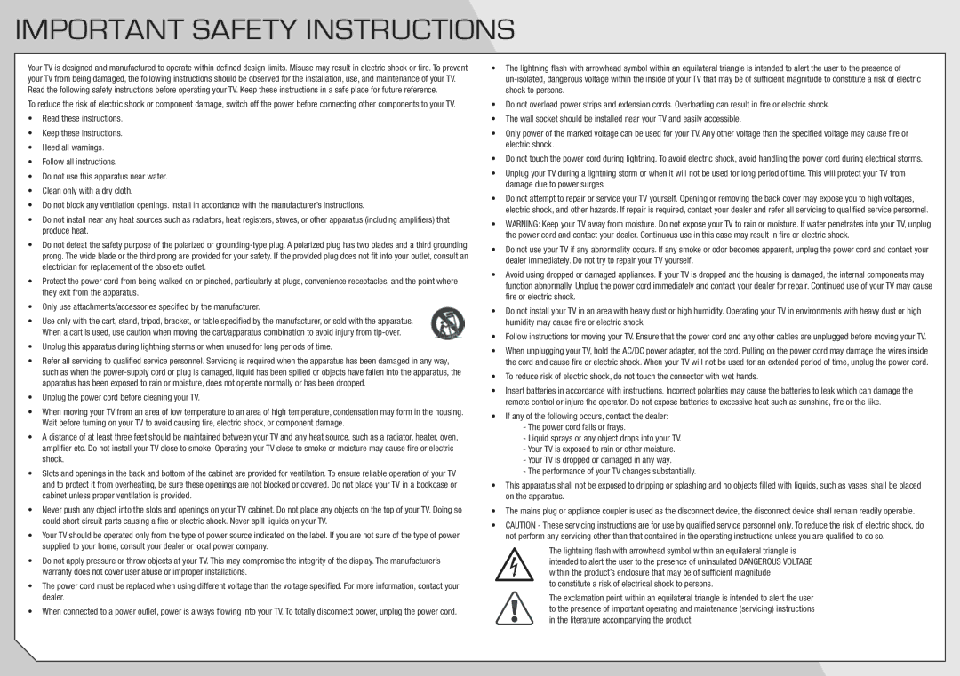 Vizio E502AR quick start Important Safety Instructions, Unplug the power cord before cleaning your TV 