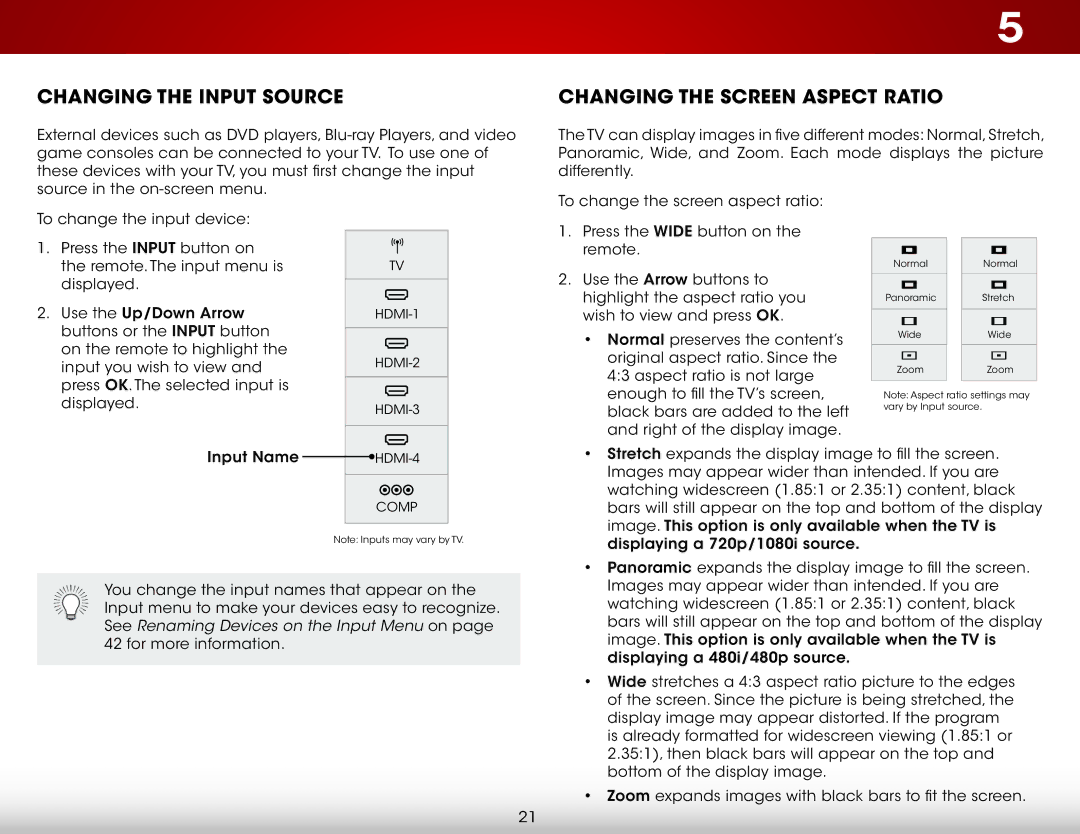 Vizio E550I-A0 user manual Changing the Input Source, Changing the Screen Aspect Ratio 