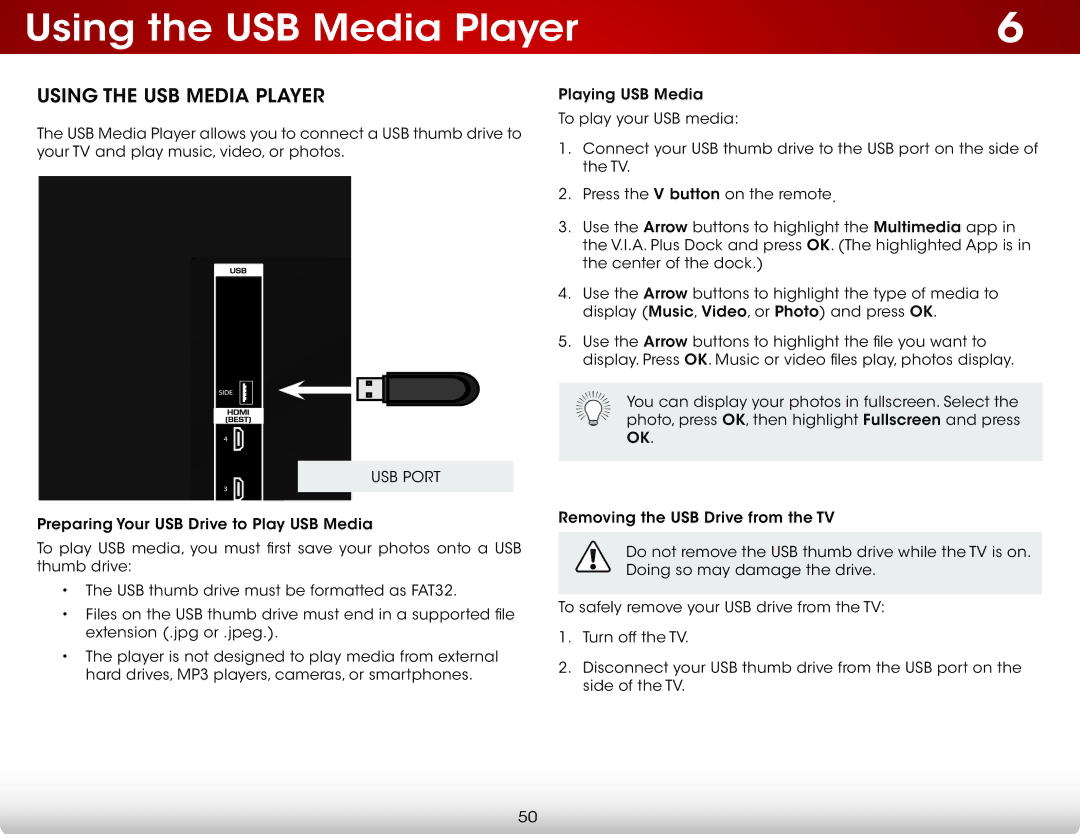 Vizio E550I-A0 user manual Using the USB Media Player 