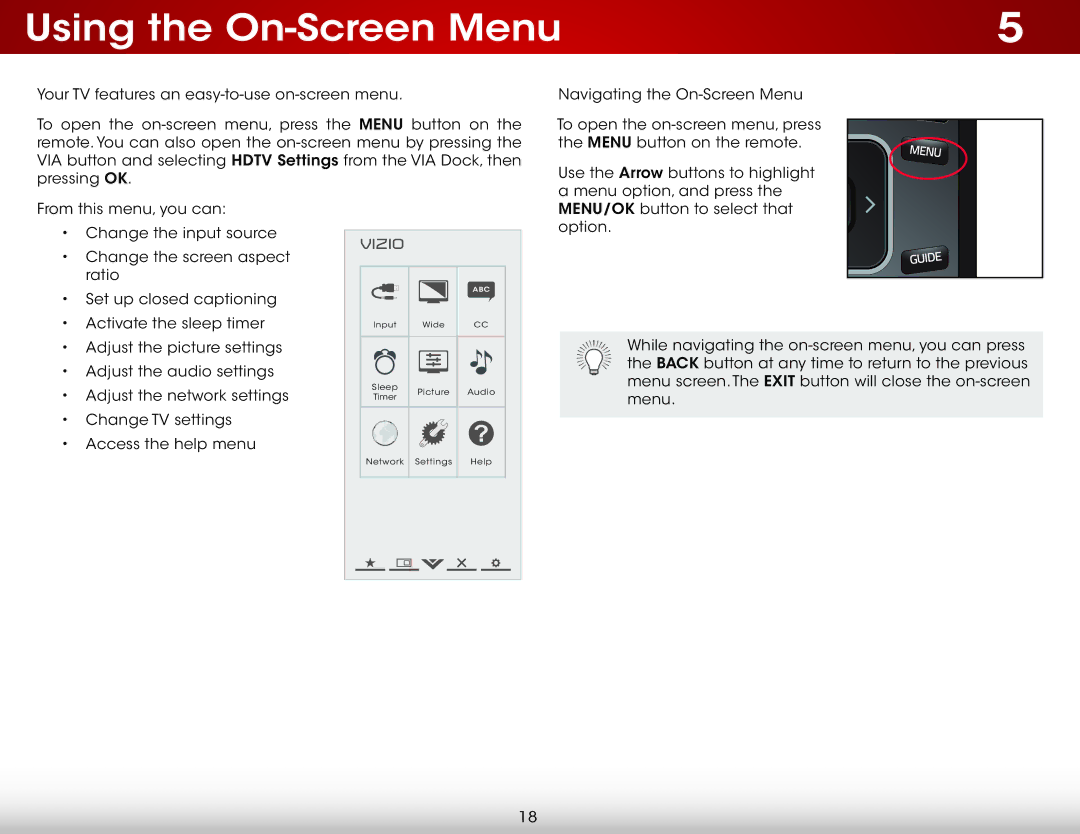 Vizio E550i-A0E user manual Using the On-Screen Menu 