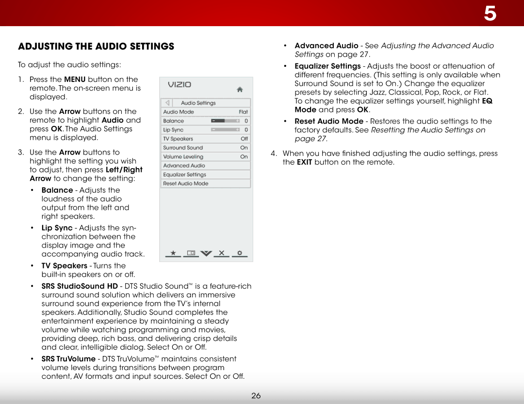 Vizio E550i-A0E user manual Adjusting the Audio Settings, Advanced Audio See Adjusting the Advanced Audio 