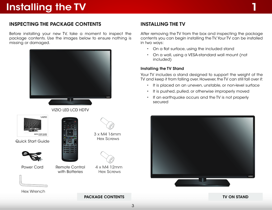 Vizio E550i-A0E user manual Installing the TV, Inspecting the Package Contents 