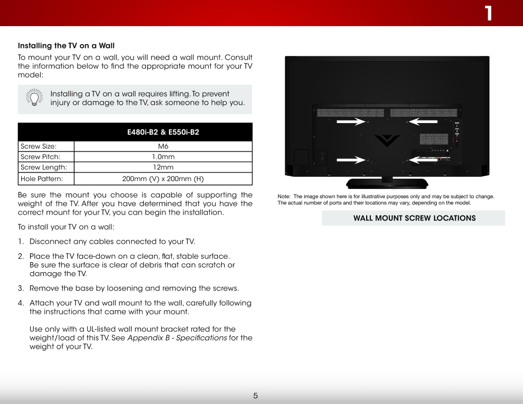 Vizio E480i-B2, E550i-B2 user manual Wall Mount Screw Locations 