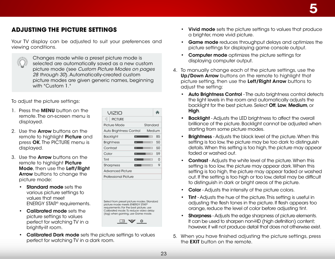 Vizio E480i-B2, E550i-B2 user manual Adjusting the Picture Settings 