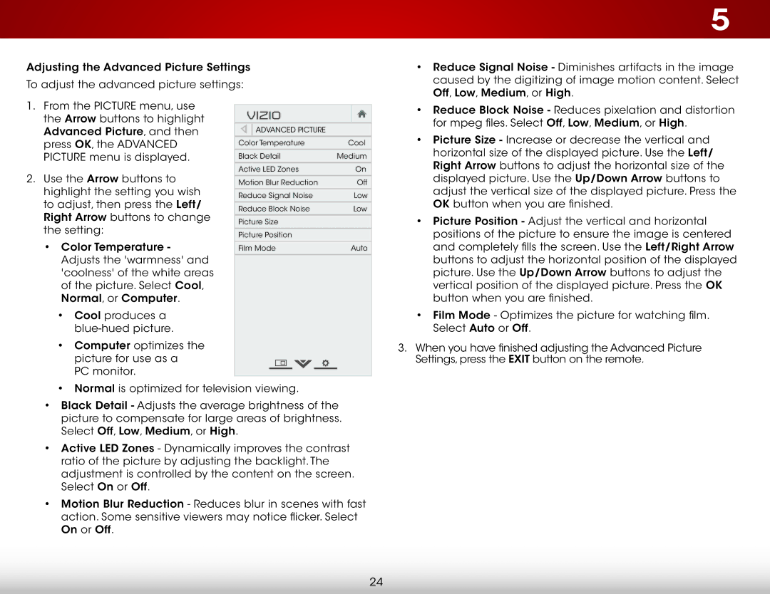 Vizio E550i-B2, E480i-B2 user manual Arrow buttons to highlight Advanced Picture, and then 