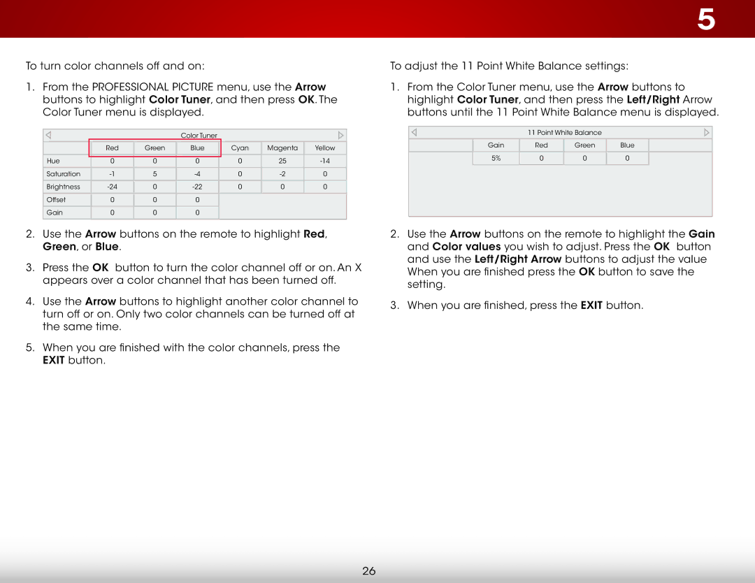 Vizio E550i-B2, E480i-B2 user manual Point White Balance Gain Red Green Blue 