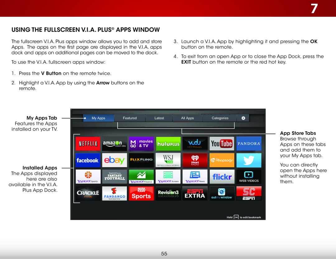 Vizio E480i-B2, E550i-B2 user manual Using the Fullscreen V.I.A. Plus Apps Window 