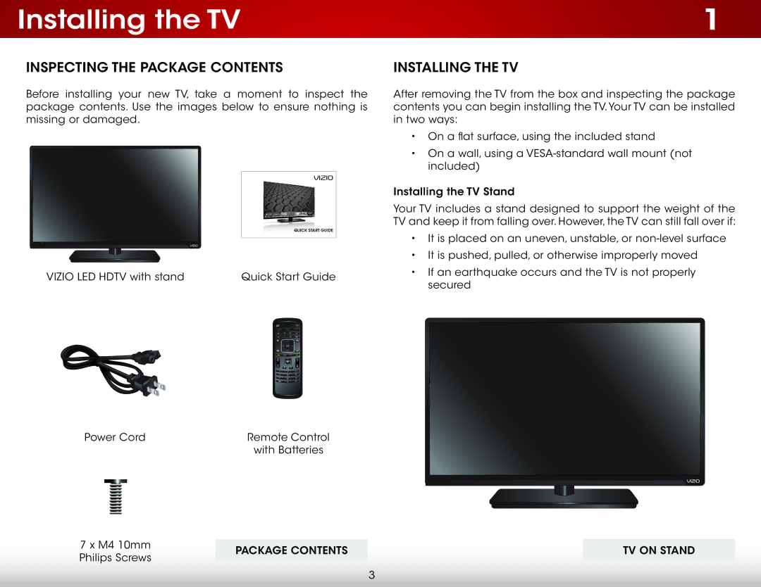 Vizio E480i-B2, E550i-B2 user manual Installing the TV, Inspecting the Package Contents 