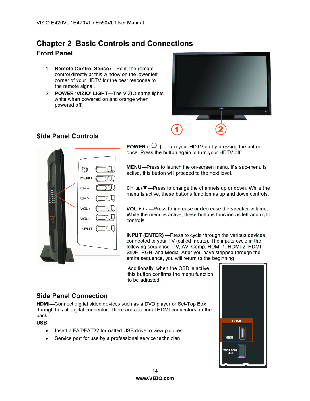 Vizio E420VL, E550VL, E470VL user manual Front Panel, Side Panel Controls, Side Panel Connection 