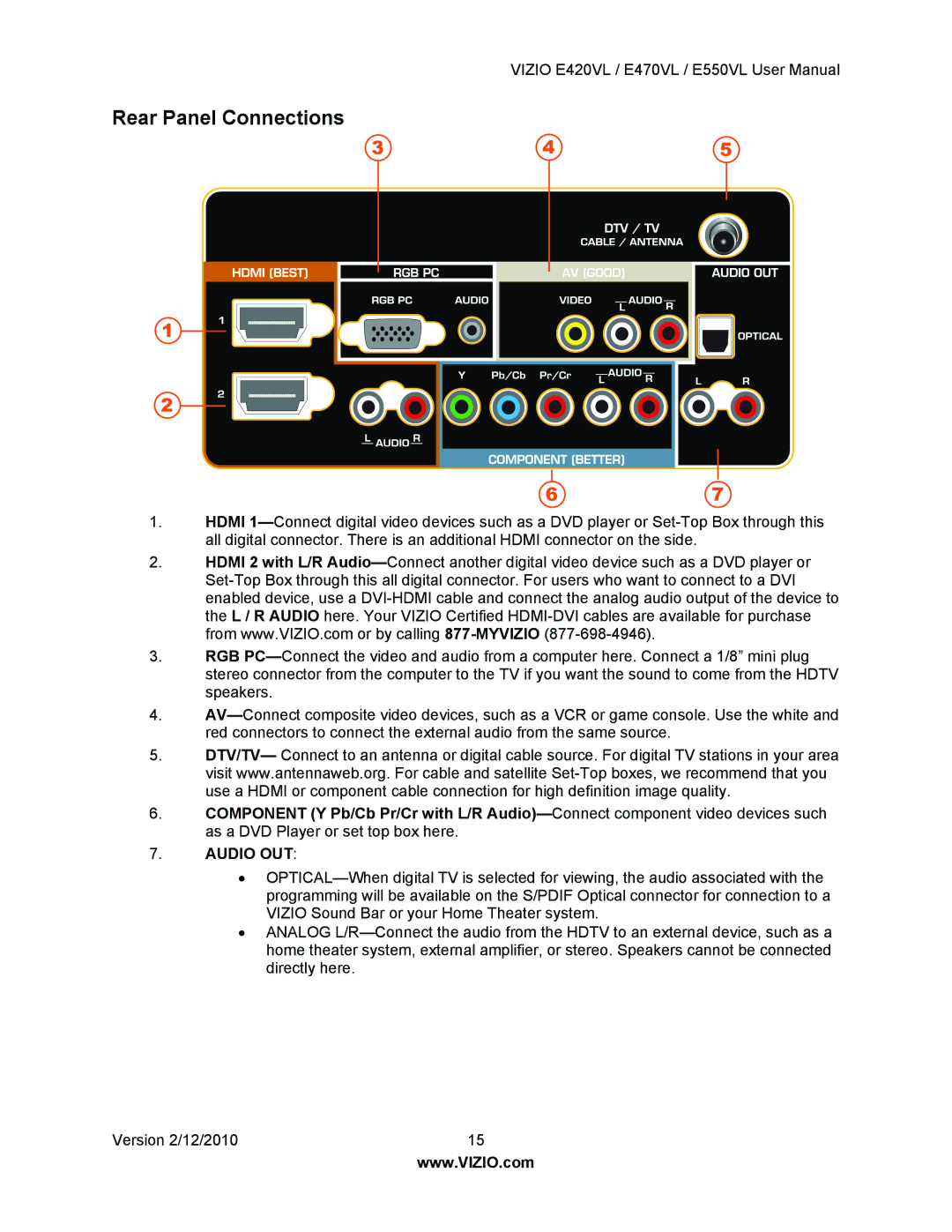 Vizio E550VL, E470VL, E420VL user manual Rear Panel Connections, Audio OUT 