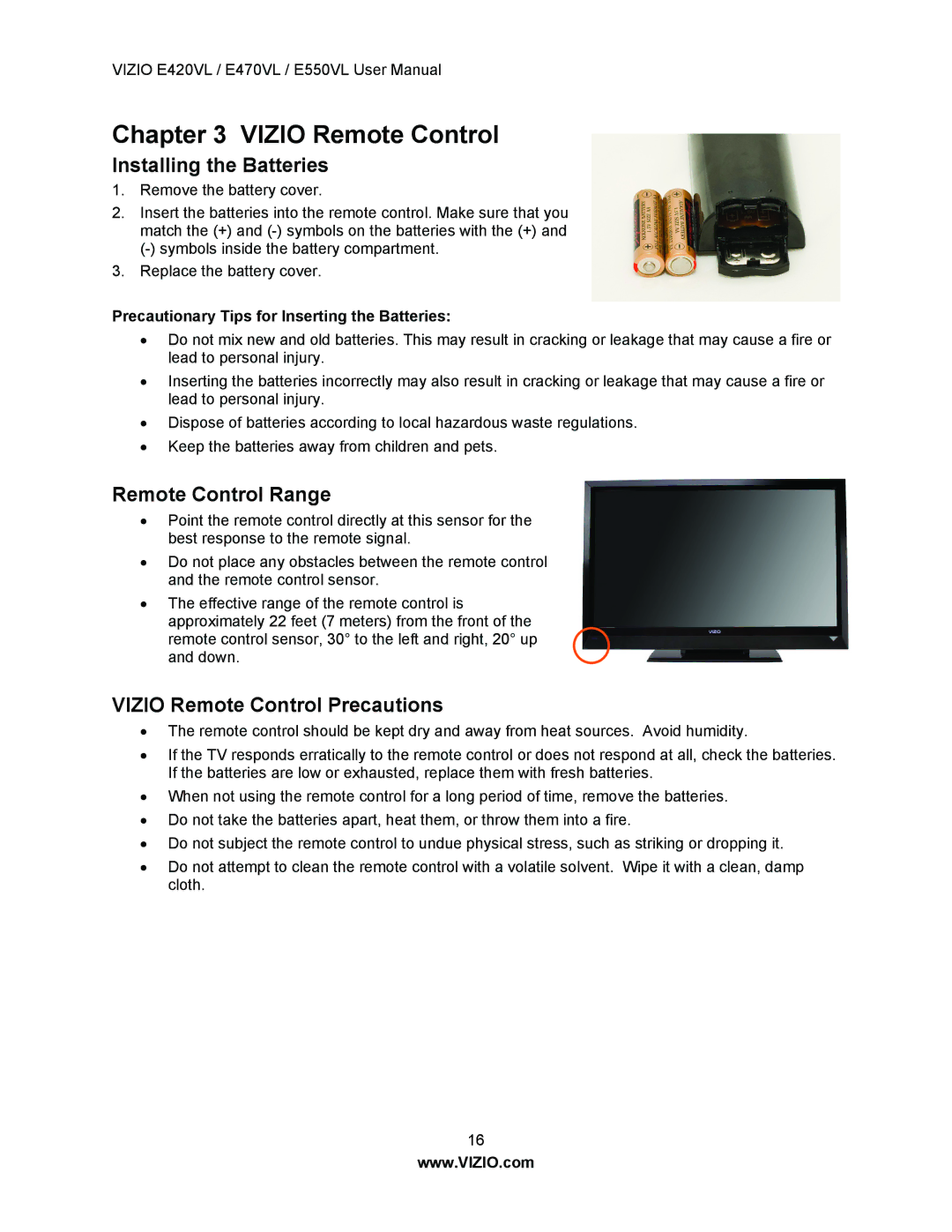 Vizio E470VL, E550VL, E420VL user manual Installing the Batteries, Remote Control Range, Vizio Remote Control Precautions 