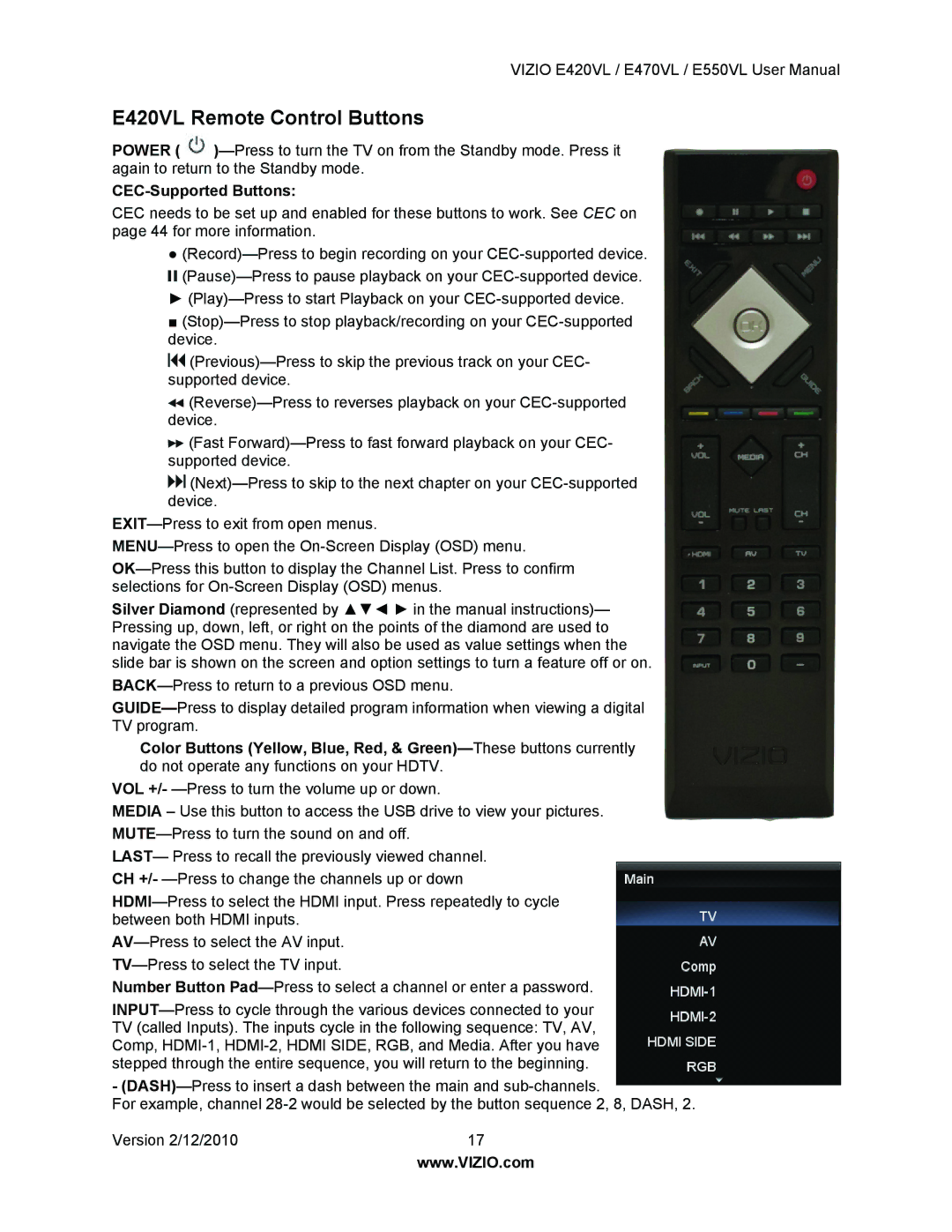 Vizio E550VL, E470VL user manual E420VL Remote Control Buttons, CEC-Supported Buttons 