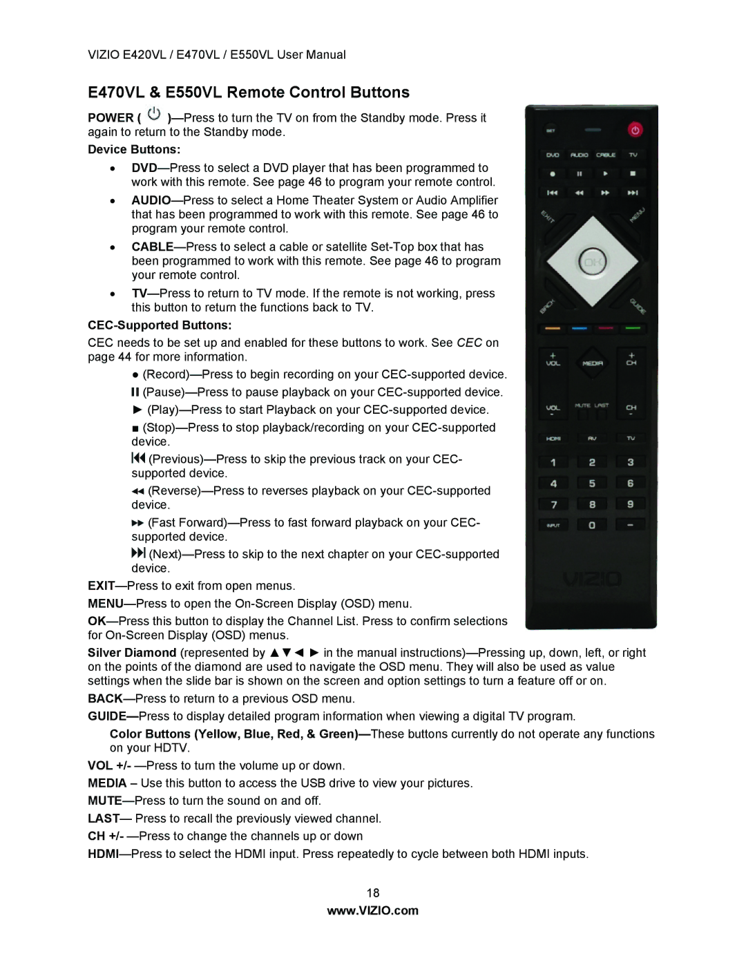 Vizio E420VL user manual E470VL & E550VL Remote Control Buttons, Device Buttons 