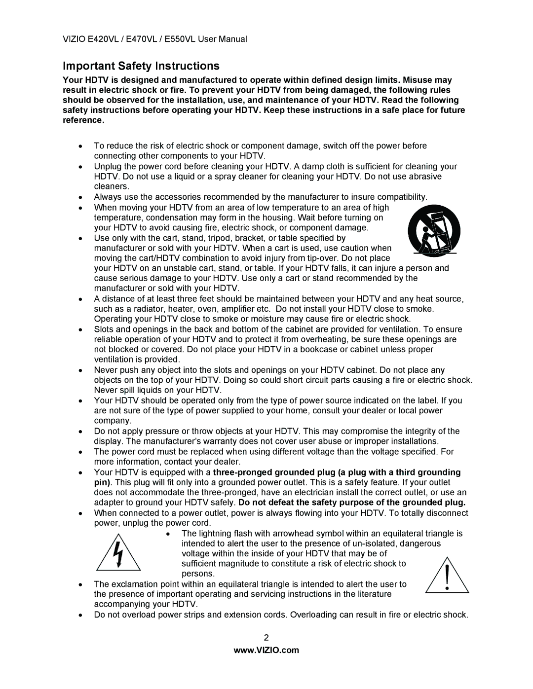 Vizio E420VL, E550VL, E470VL user manual Important Safety Instructions 