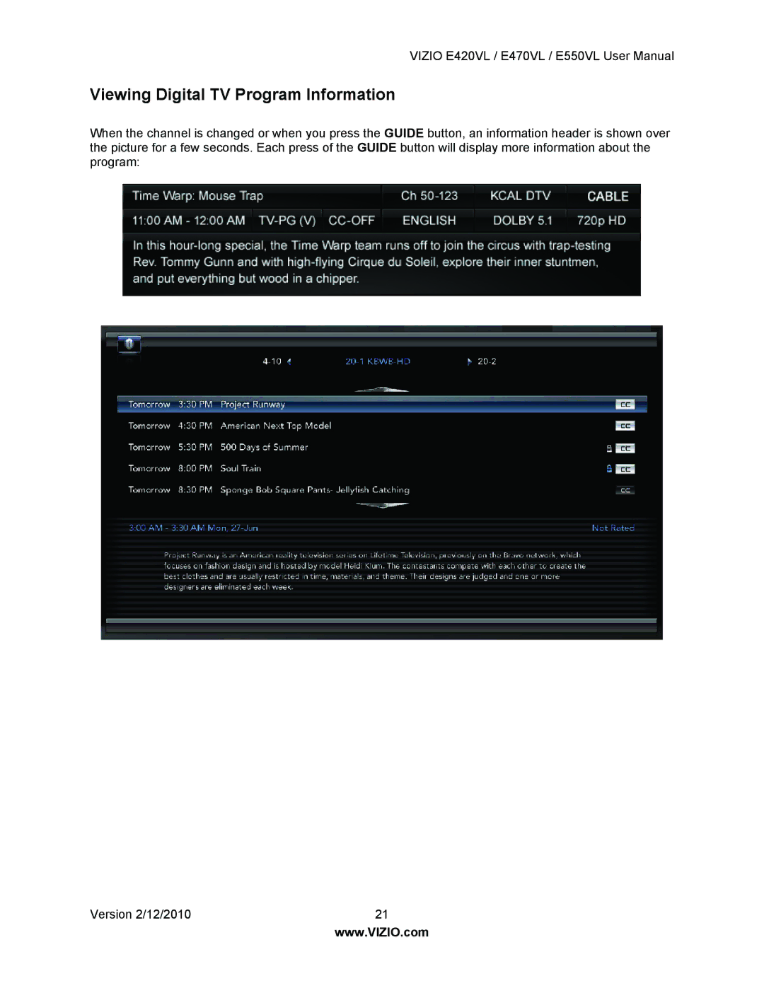 Vizio E550VL, E470VL, E420VL user manual Viewing Digital TV Program Information 