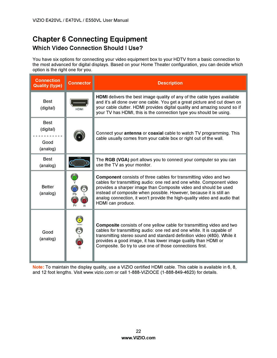 Vizio E470VL, E550VL, E420VL user manual Connecting Equipment, Which Video Connection Should I Use? 