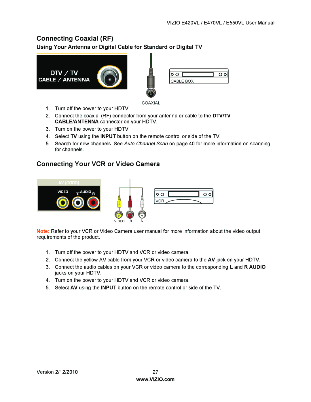 Vizio E550VL, E470VL, E420VL user manual Connecting Coaxial RF, Connecting Your VCR or Video Camera 