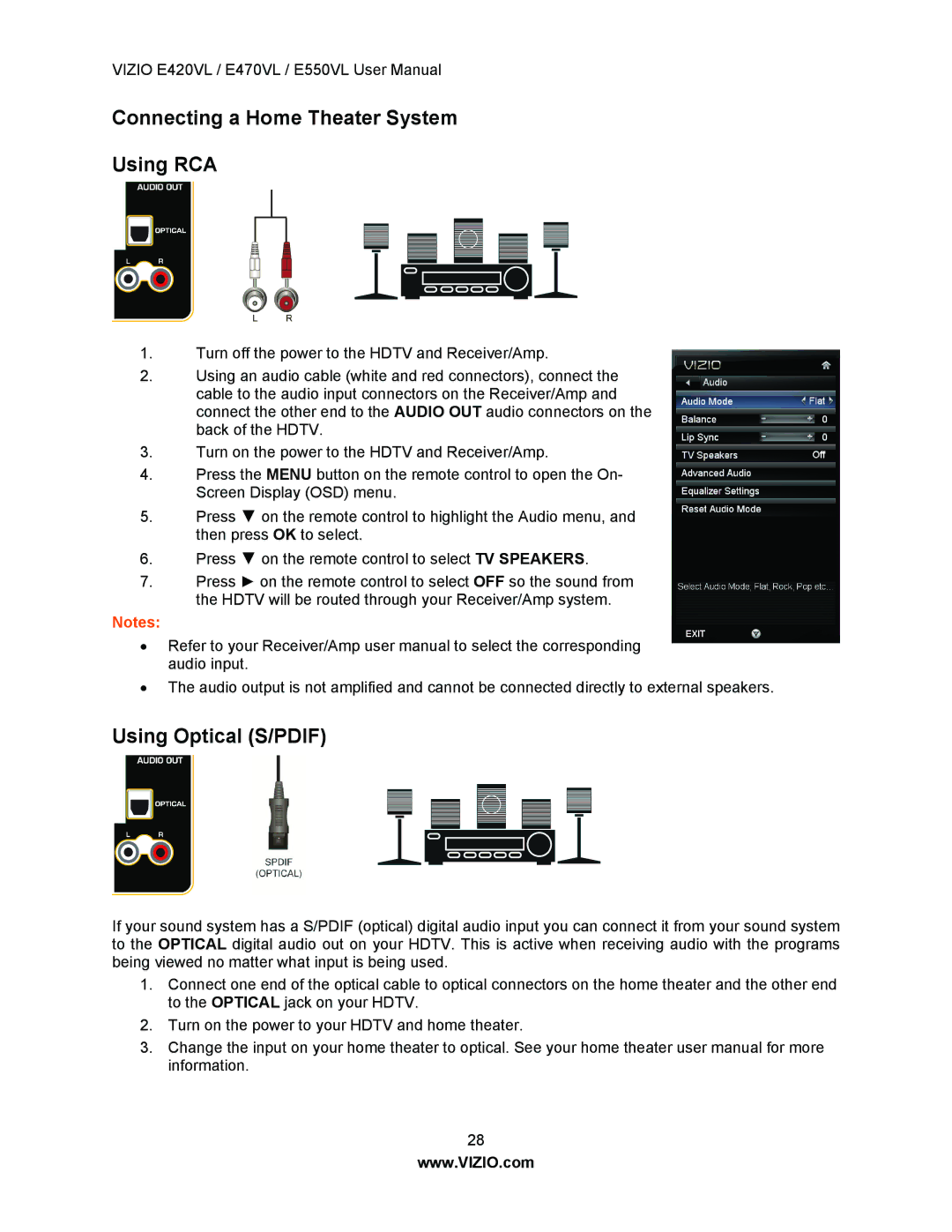 Vizio E470VL, E550VL, E420VL user manual Connecting a Home Theater System Using RCA, Using Optical S/PDIF 