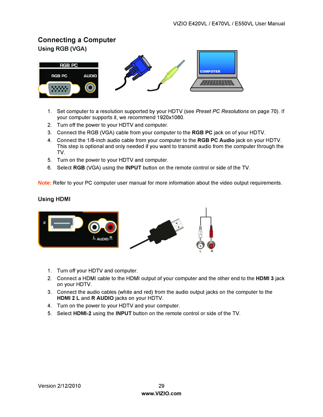 Vizio E420VL, E550VL, E470VL user manual Connecting a Computer, Using RGB VGA, Using Hdmi 