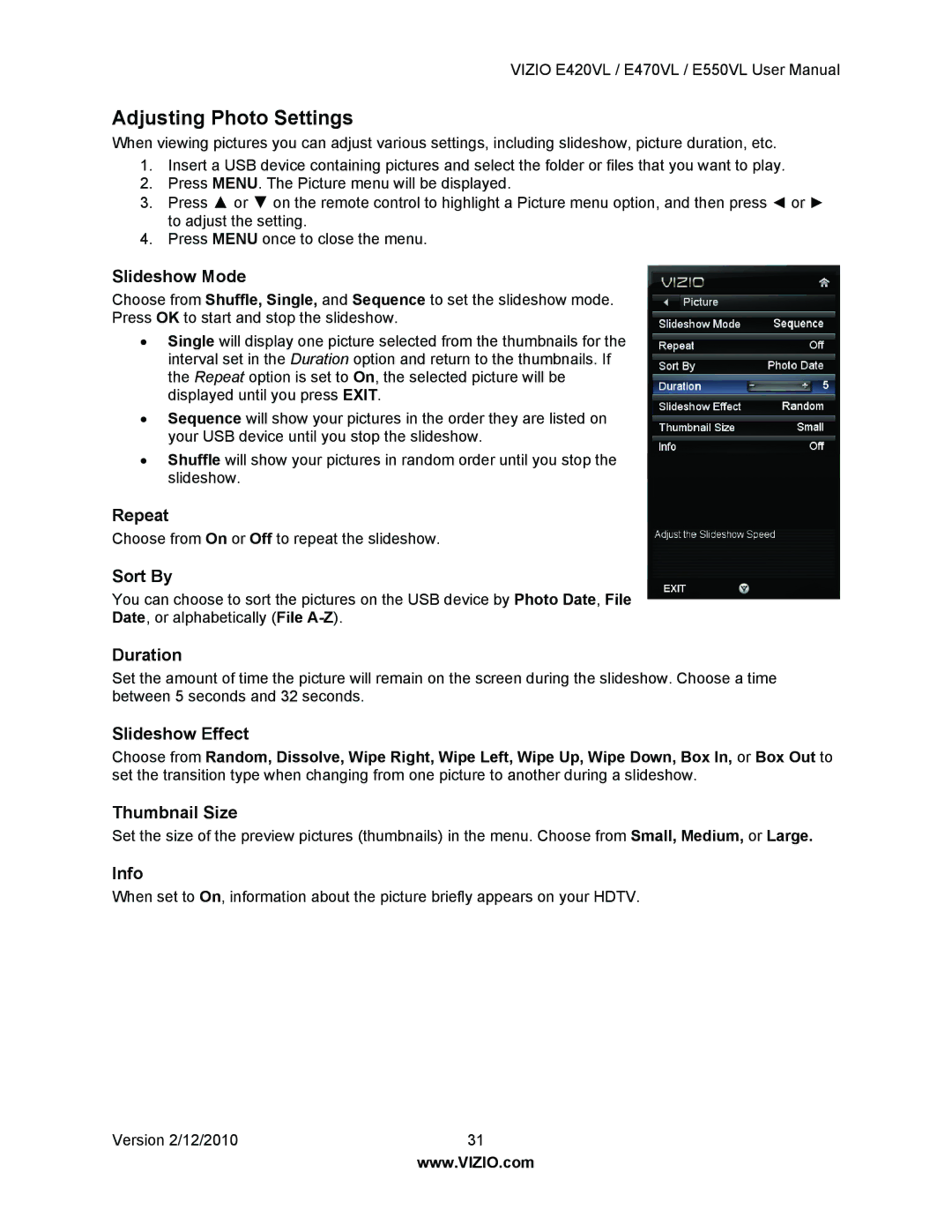 Vizio E470VL, E550VL, E420VL user manual Adjusting Photo Settings 