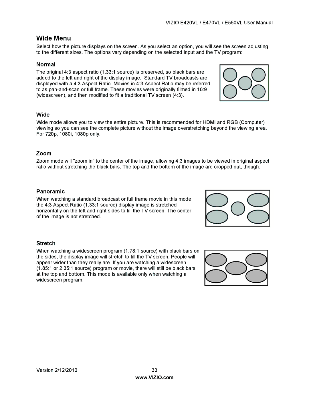 Vizio E550VL, E470VL, E420VL user manual Wide Menu 