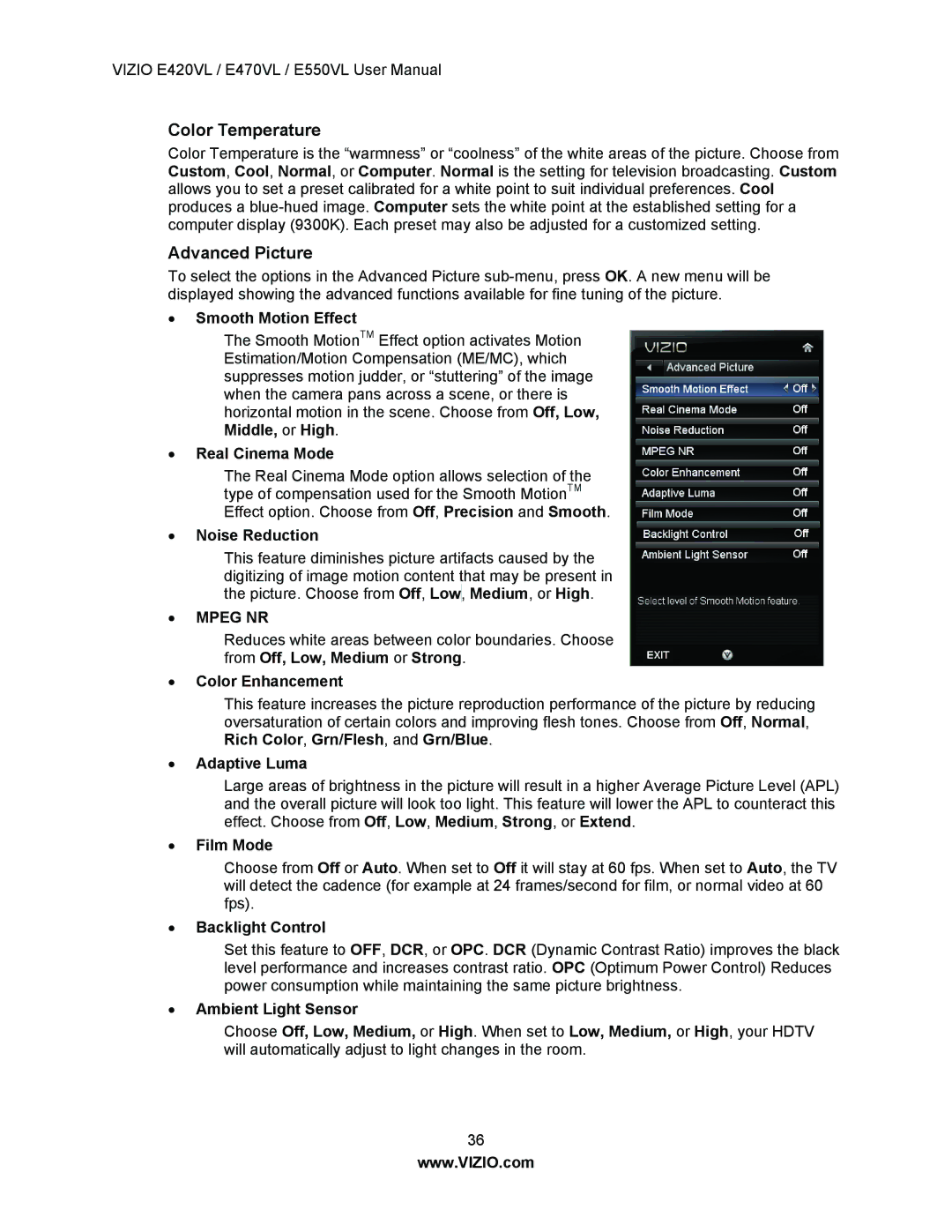 Vizio E550VL, E470VL, E420VL user manual Color Temperature, Advanced Picture 