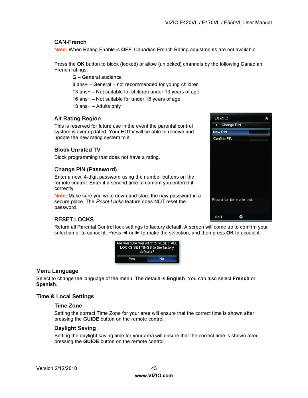 Vizio E470VL, E550VL CAN-French, Alt Rating Region, Block Unrated TV, Change PIN Password, Menu Language, Daylight Saving 