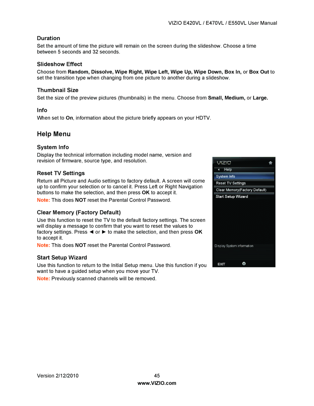 Vizio E550VL, E470VL, E420VL Help Menu, System Info, Reset TV Settings, Clear Memory Factory Default, Start Setup Wizard 