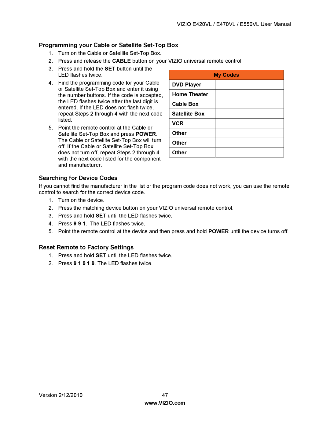 Vizio E420VL Programming your Cable or Satellite Set-Top Box, Searching for Device Codes, Reset Remote to Factory Settings 