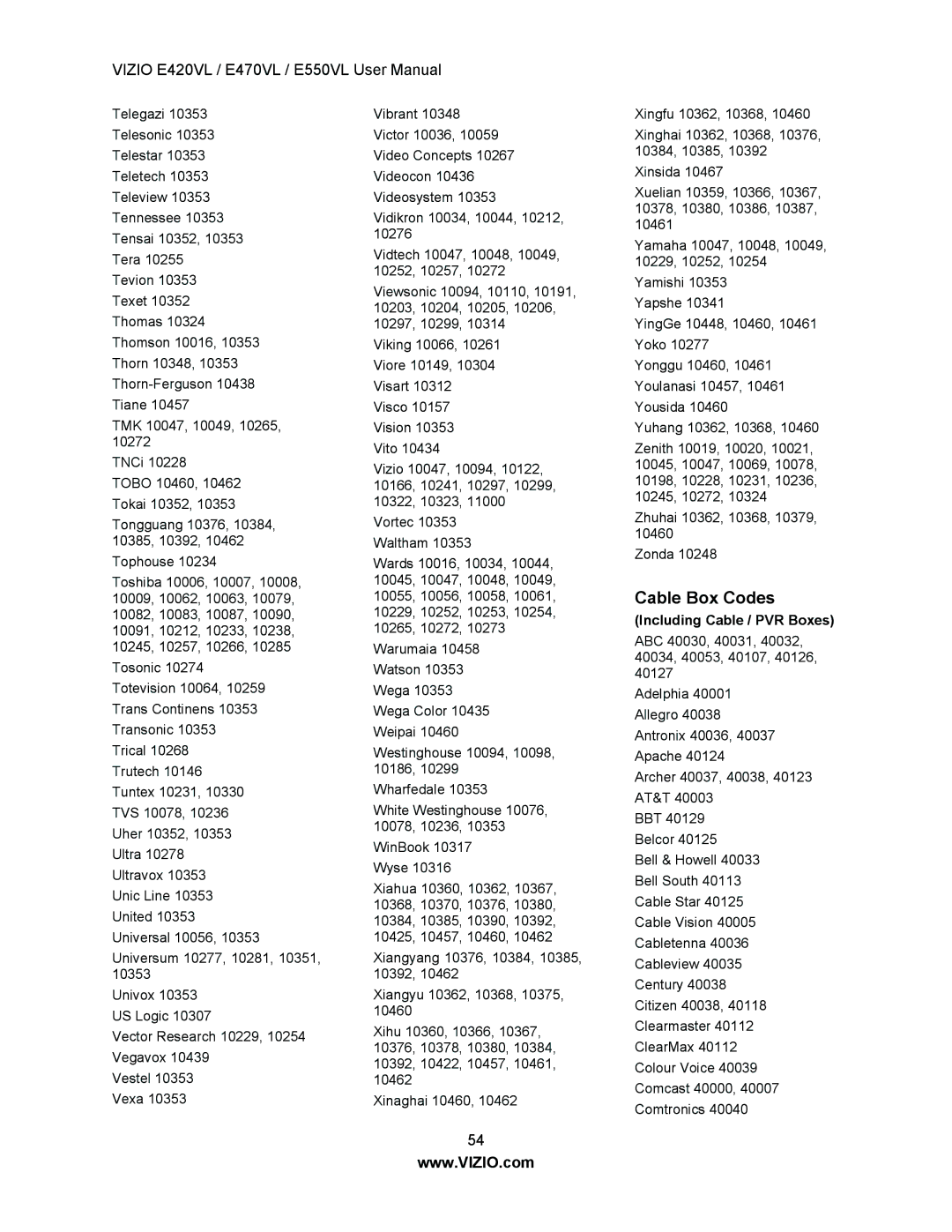 Vizio E550VL, E470VL, E420VL user manual Cable Box Codes, Including Cable / PVR Boxes 