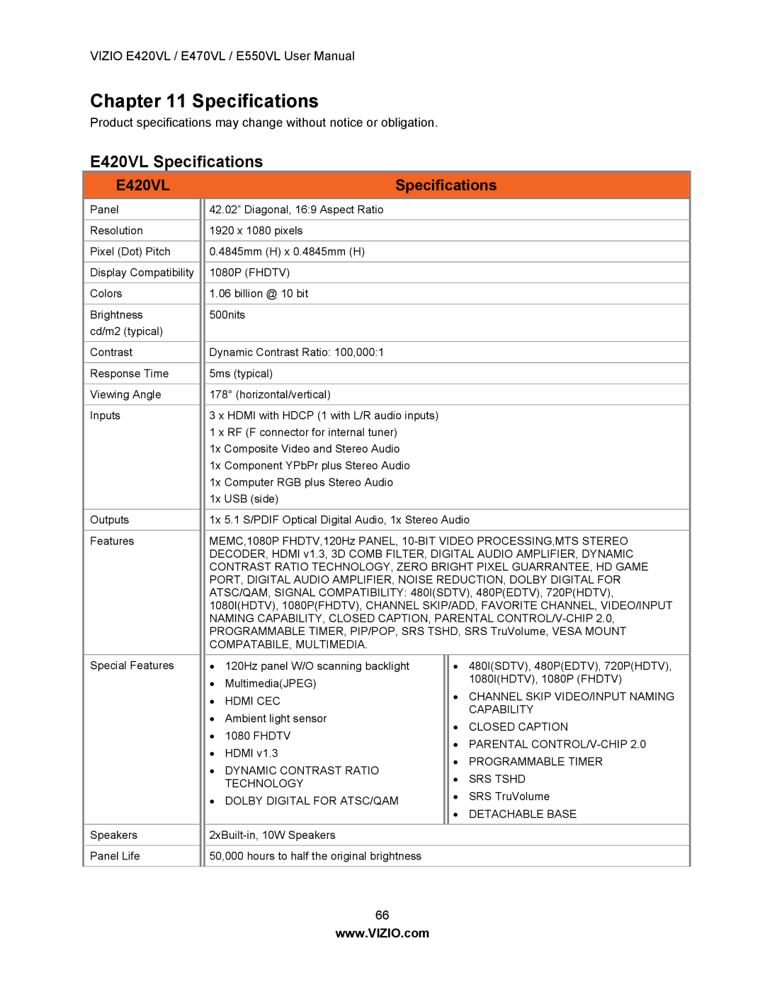 Vizio E550VL, E470VL user manual E420VL Specifications 