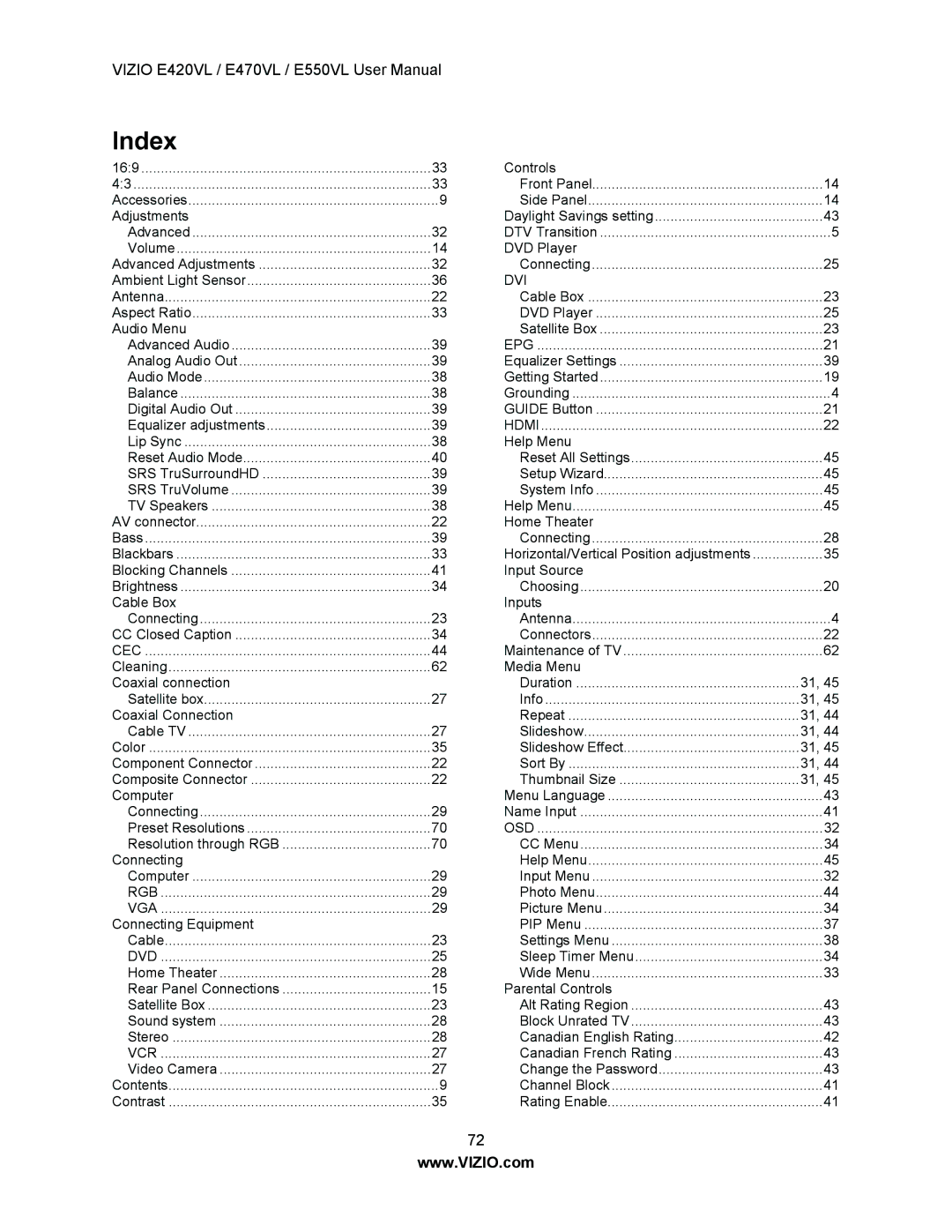 Vizio E550VL, E470VL, E420VL user manual Index 