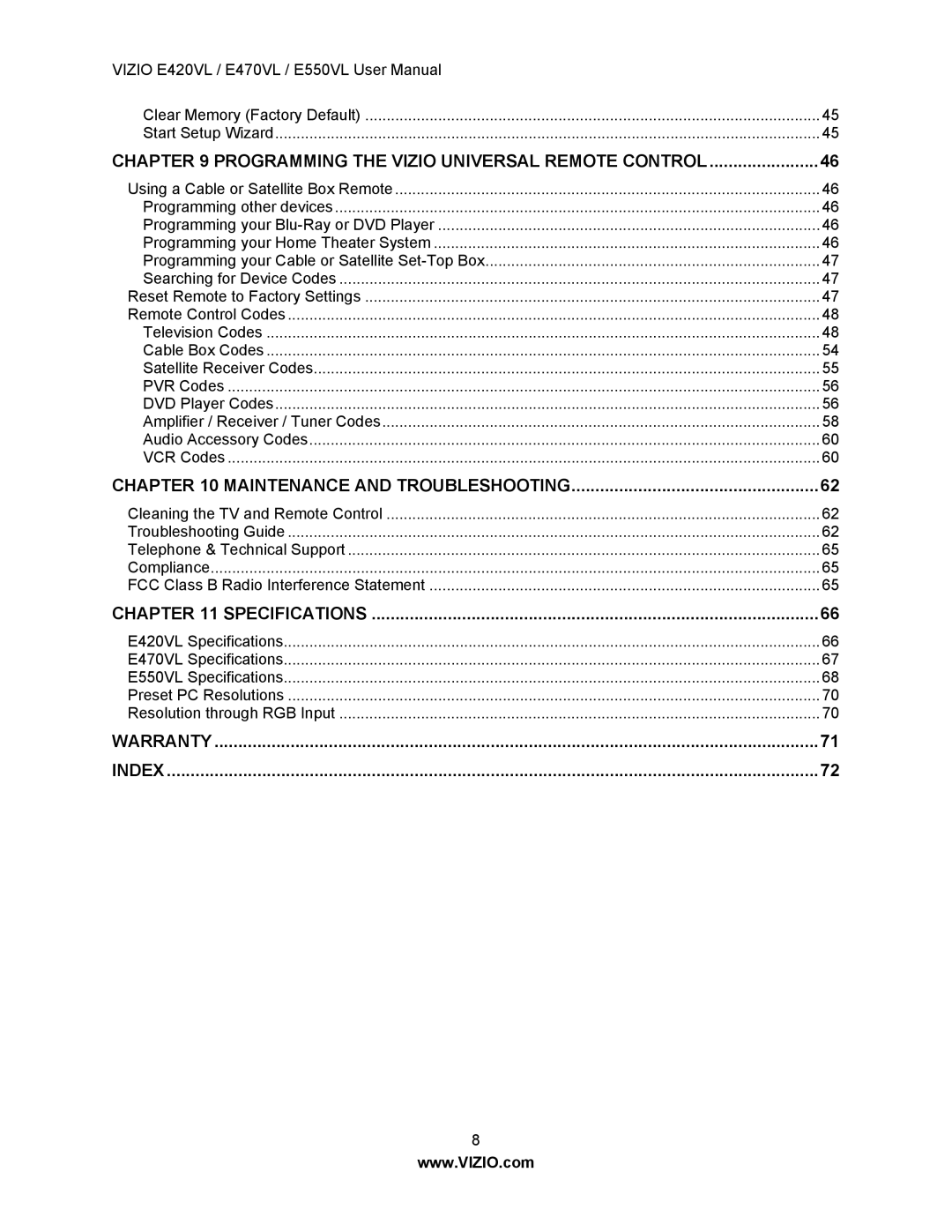 Vizio E420VL, E550VL, E470VL user manual Warranty Index 