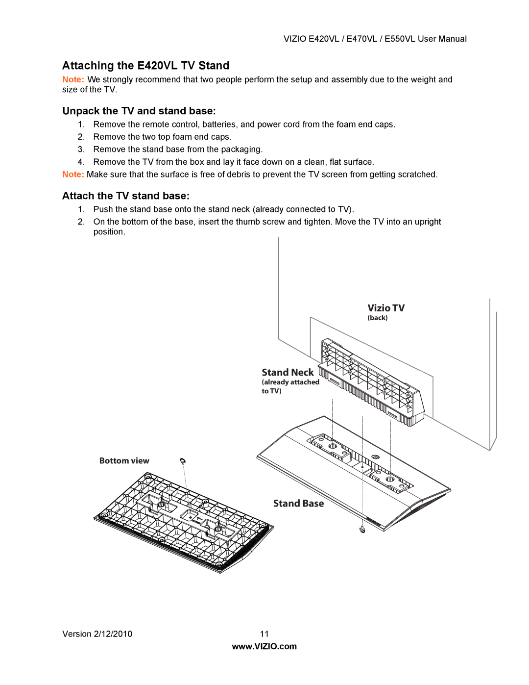 Vizio E550VL, E470VL user manual Attaching the E420VL TV Stand, Unpack the TV and stand base 