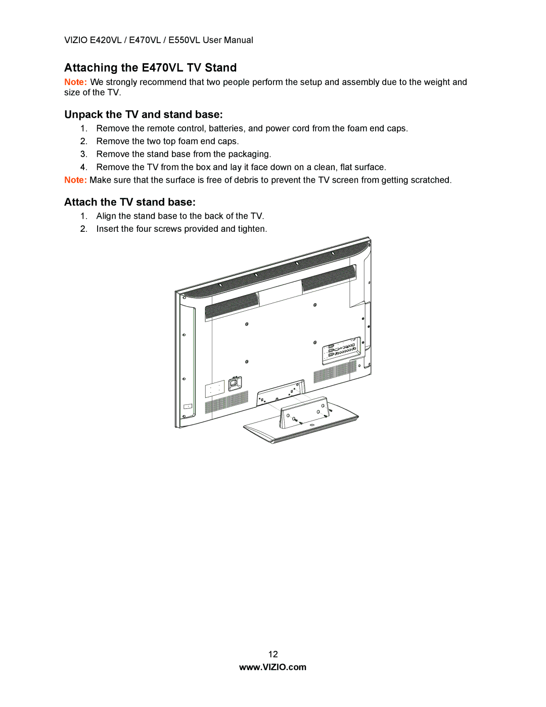 Vizio E550VL, E420VL user manual Attaching the E470VL TV Stand 