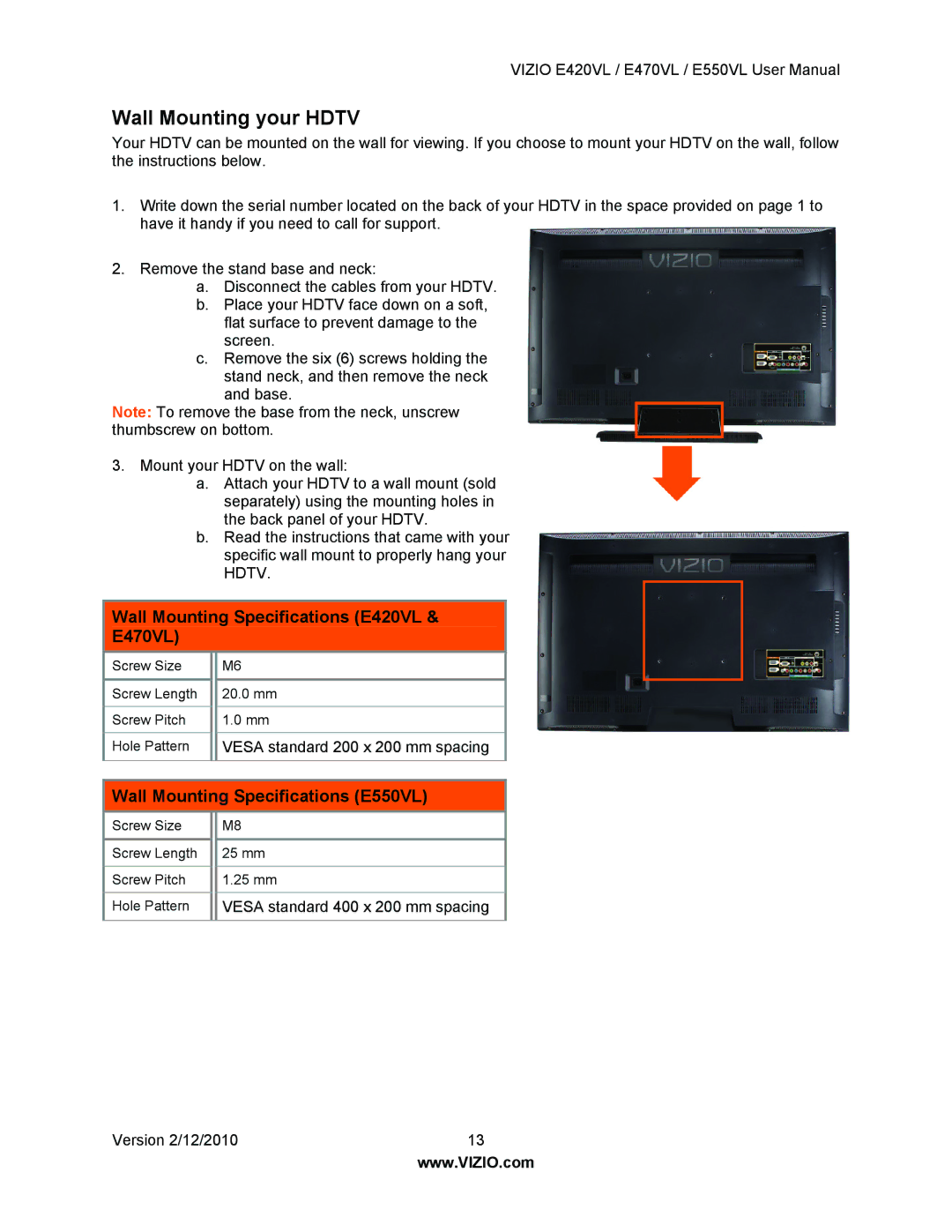 Vizio Wall Mounting your Hdtv, Wall Mounting Specifications E420VL E470VL, Wall Mounting Specifications E550VL 