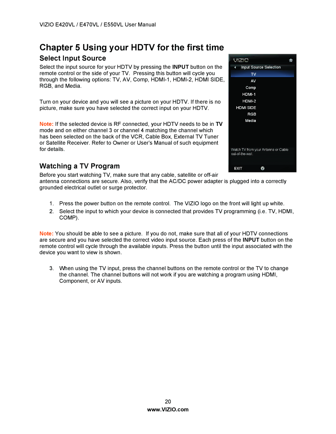 Vizio E420VL, E550VL, E470VL user manual Select Input Source, Watching a TV Program 