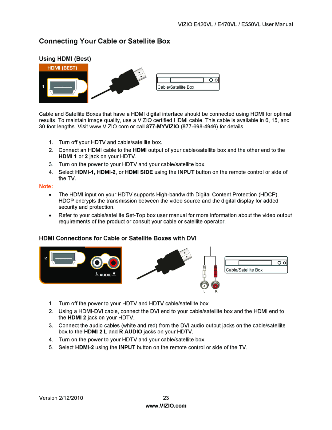 Vizio E420VL, E550VL, E470VL user manual Connecting Your Cable or Satellite Box, Using Hdmi Best 