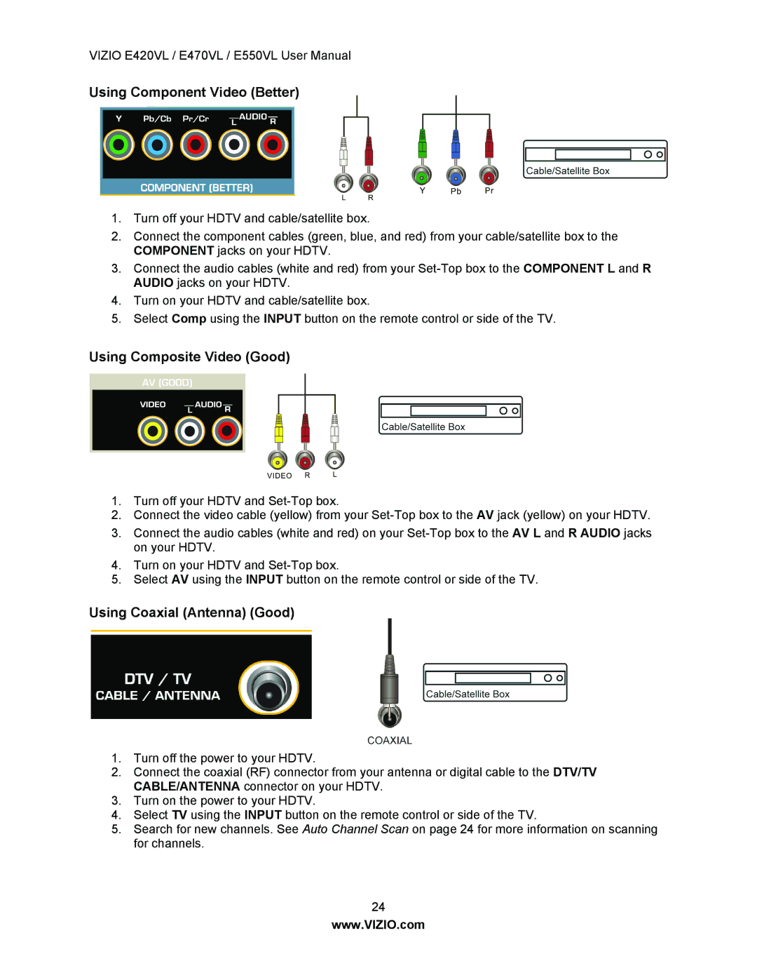 Vizio E550VL, E470VL, E420VL user manual Using Component Video Better, Using Composite Video Good, Using Coaxial Antenna Good 