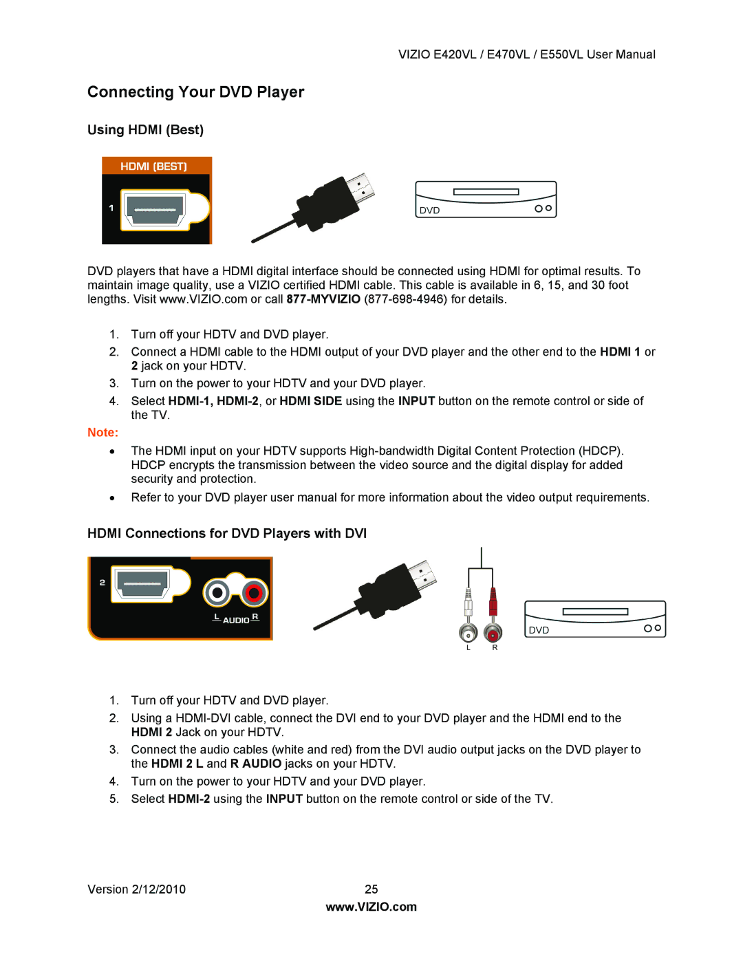 Vizio E470VL, E550VL, E420VL user manual Connecting Your DVD Player, Hdmi Connections for DVD Players with DVI 